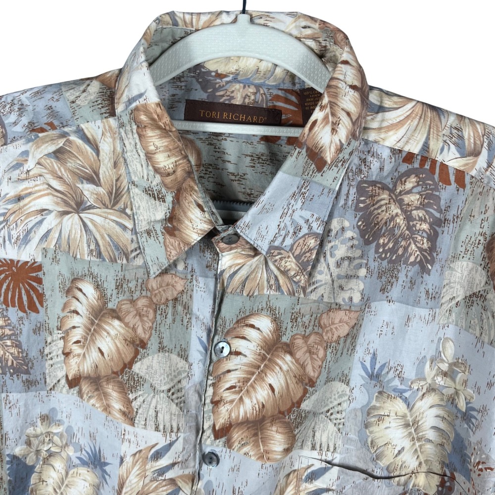 Tori Richard Button Up Shirt Mens XL Tan Tropical Leaf Cotton Lawn Made in USA
